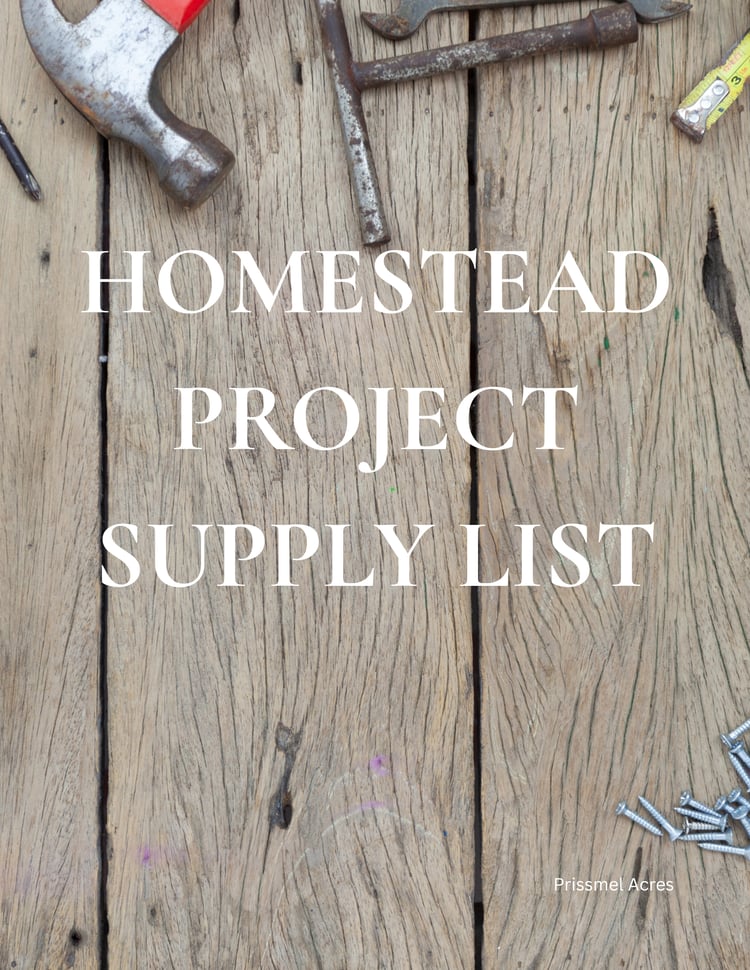 Homestead Project Supply List printable PDF designed to organize tools, materials, and supplies for garden projects, DIY tasks, property improvements, and self-sufficient living projects.