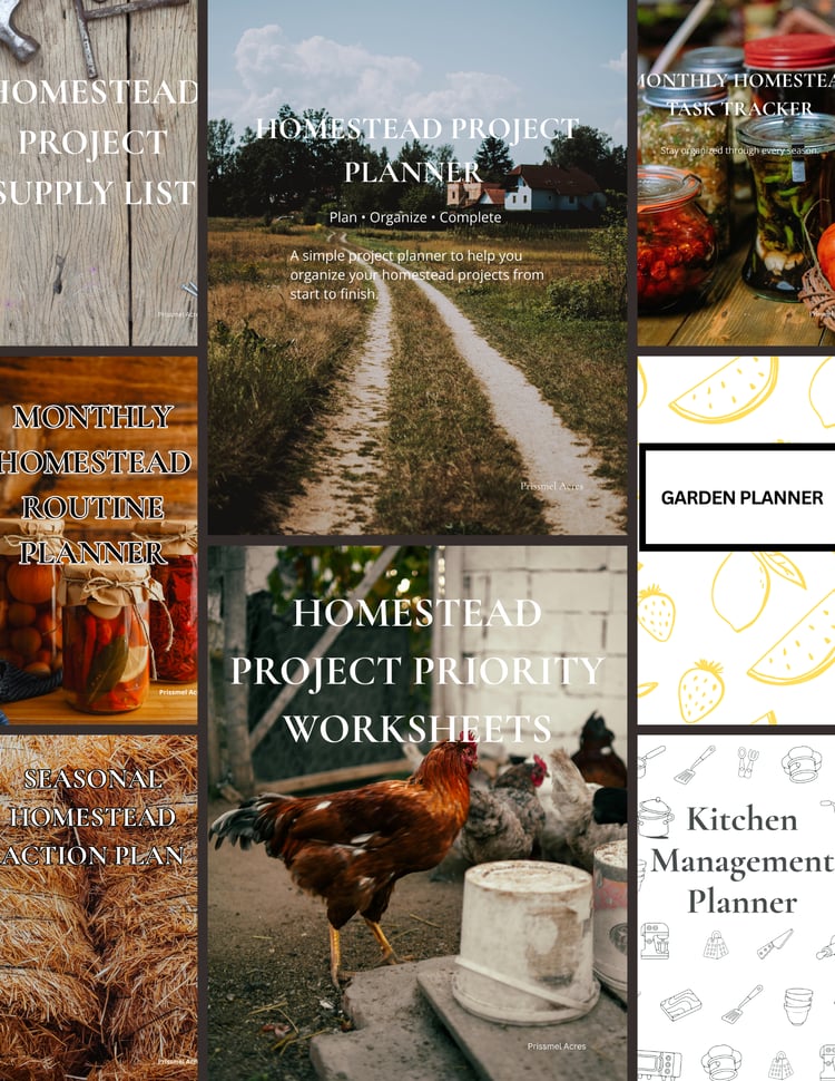 Beginner Homestead Bundle printable planner system featuring a homestead routine planner, garden planner, project planner, seasonal checklist, kitchen management planner, and organization worksheets for starting a self sufficient home.