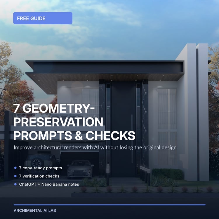 Free architectural AI guide cover with a modern villa render and the title 7 Geometry-Preservation Prompts & Checks.