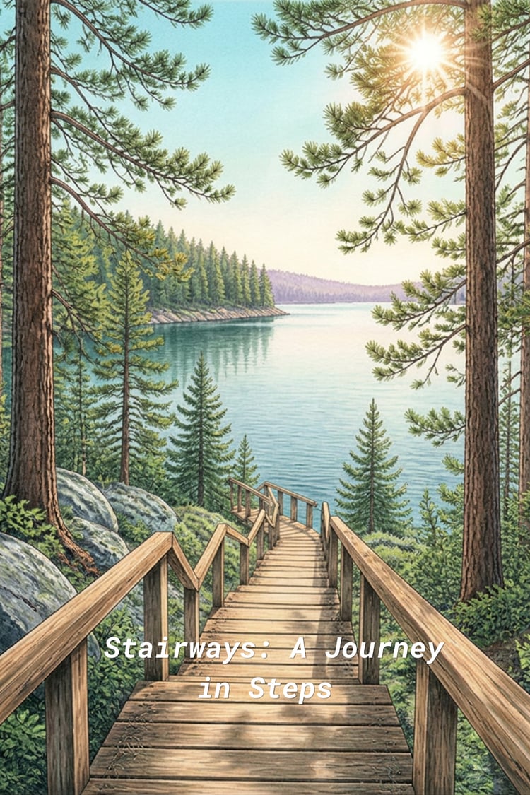 Stairways: A Journey in Steps — grayscale coloring pack cover, wooden staircase leading to a lake in the forest