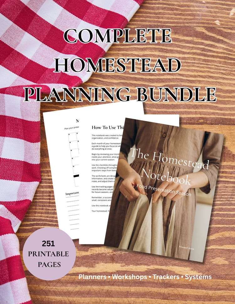 Complete Homestead Planning Bundle featuring 251 printable pages including a homestead planner, homestead notebook, planning workshop, systems masterclass, skill tracker, and self-sufficiency planning printables for gardeners, homemakers, and homesteaders