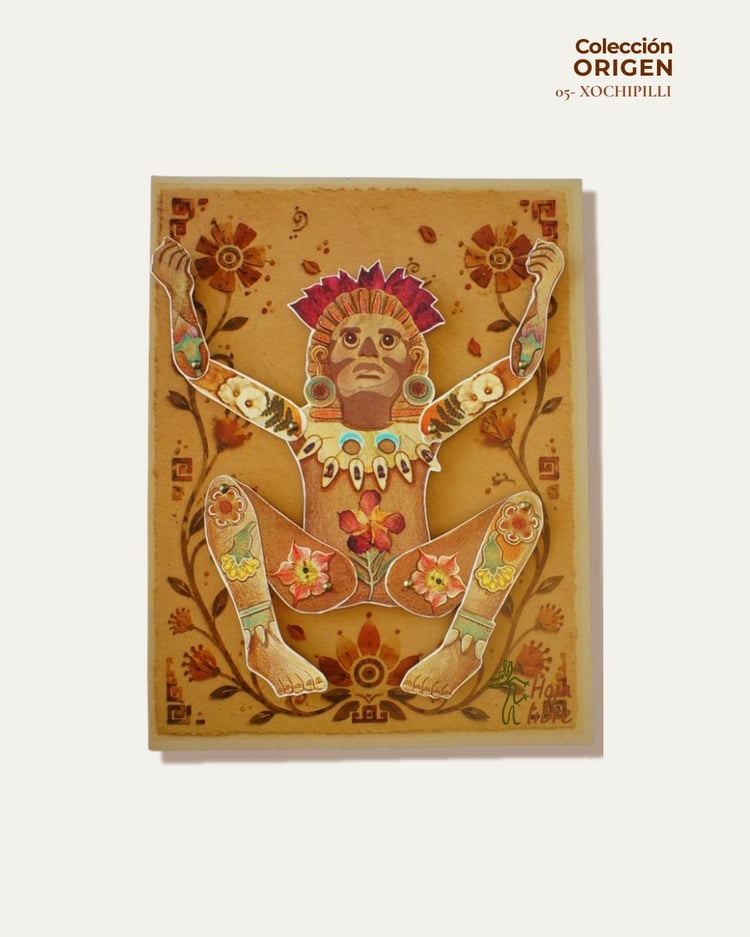Xochipilli, paper art, pieza de colección, figura de papel, prehispanic art