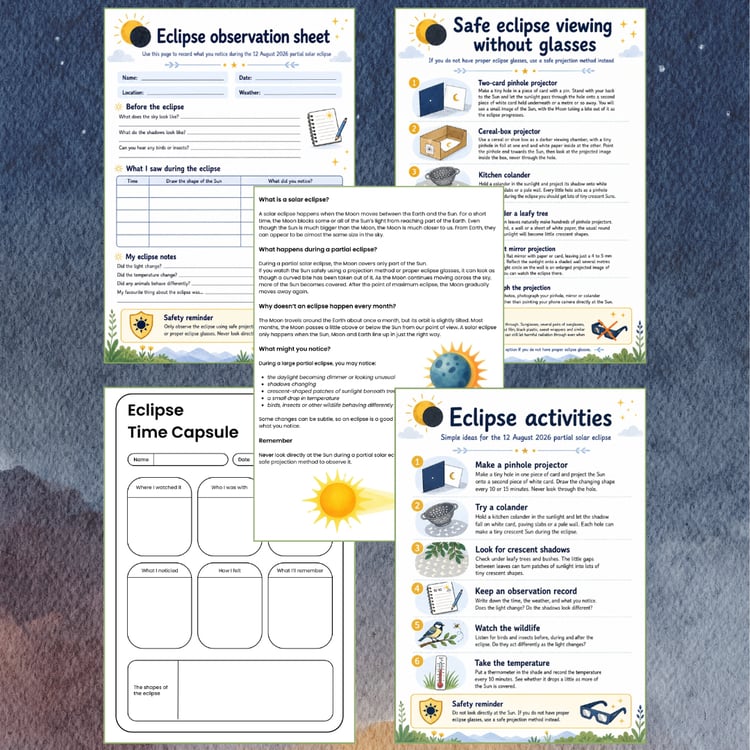 Download this free solar eclipse printable pack for children, with activities, an observation sheet, eclipse facts and safe viewing ideas for 12 August 2026.