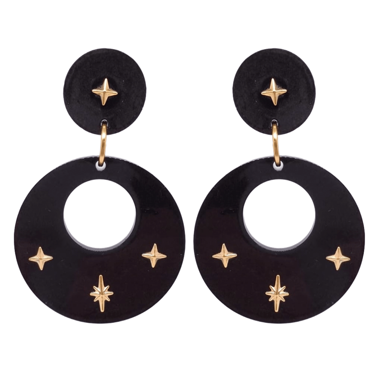 1950's Retro Vintage Style Black Hoop Earrings with Starburst Atomic Cat