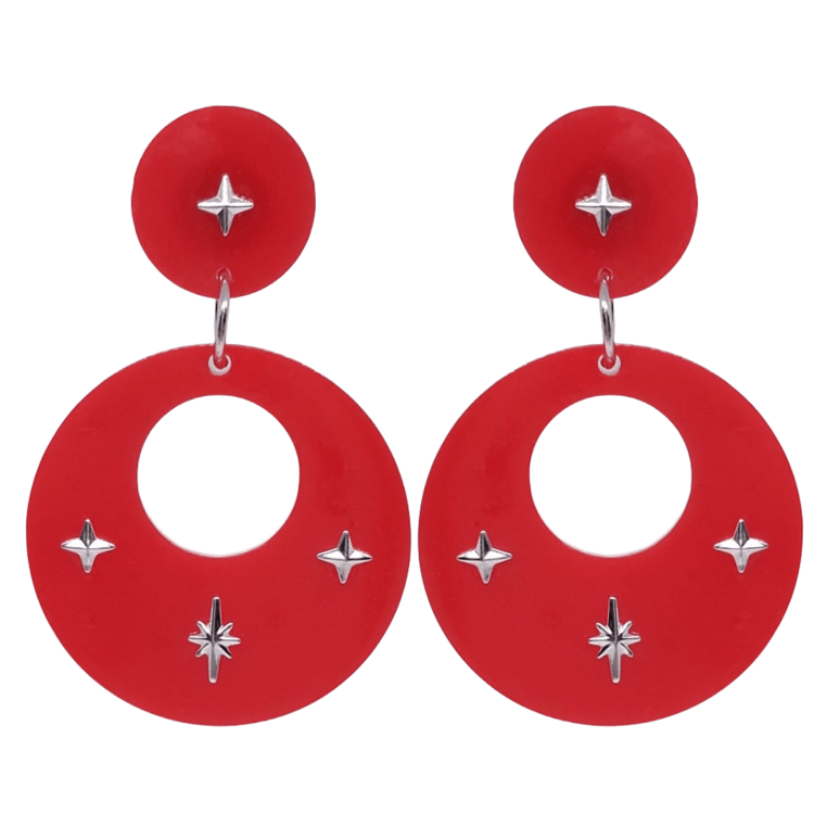 1950's Retro Vintage Style Red Hoop Earrings with Starburst Atomic Cat