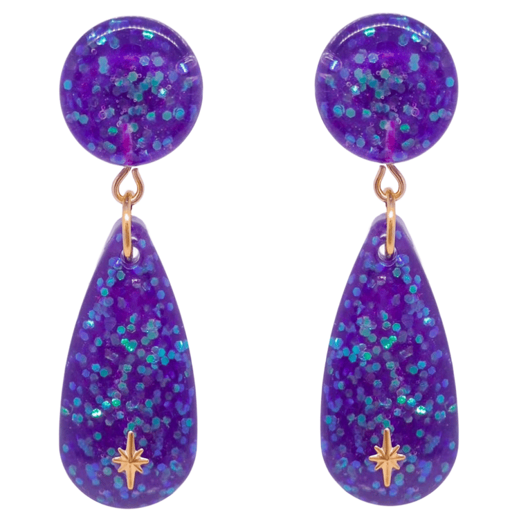 1950's Retro Vintage Purple Glitter Teardrop Earrings Atomic Cat