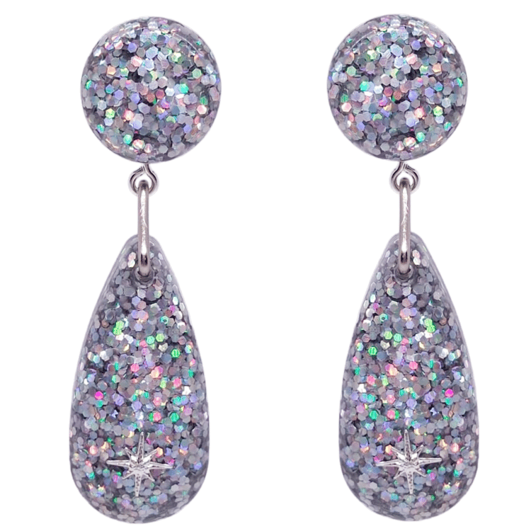 1950's Retro Vintage Silver Grey Glitter Teardrop Earrings Atomic Cat