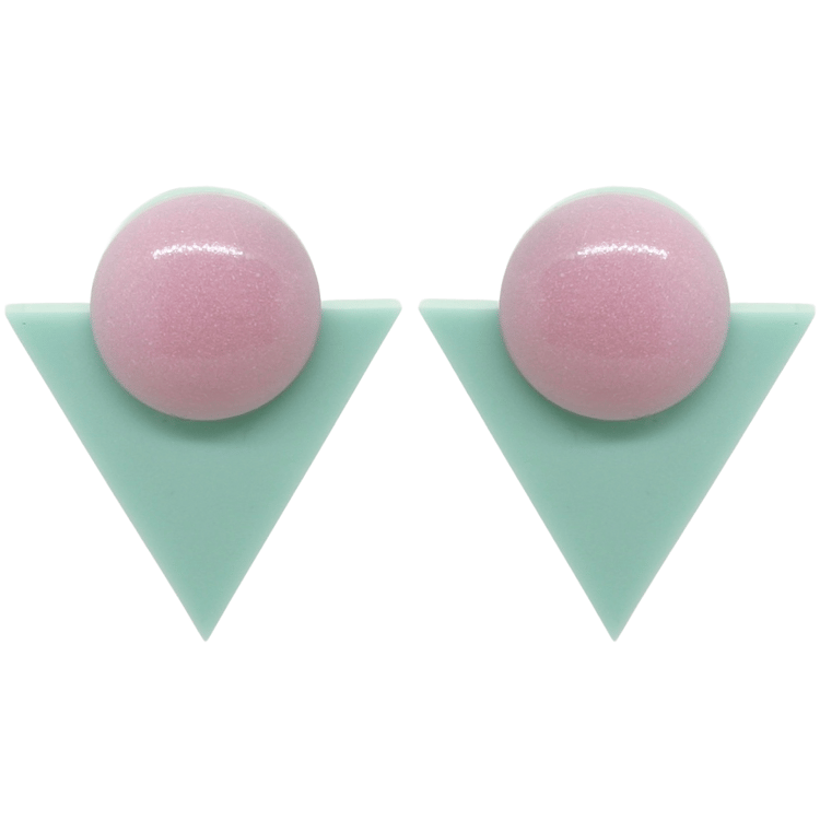1980's Style Retro Mint Pink Earrings Geometric Triangle Atomic Cat