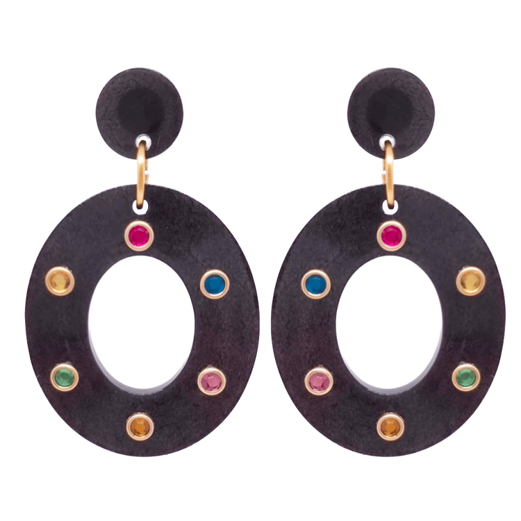 1980's Retro Earrings Oval Hoop Black Rhinestone Jewel Atomic Cat