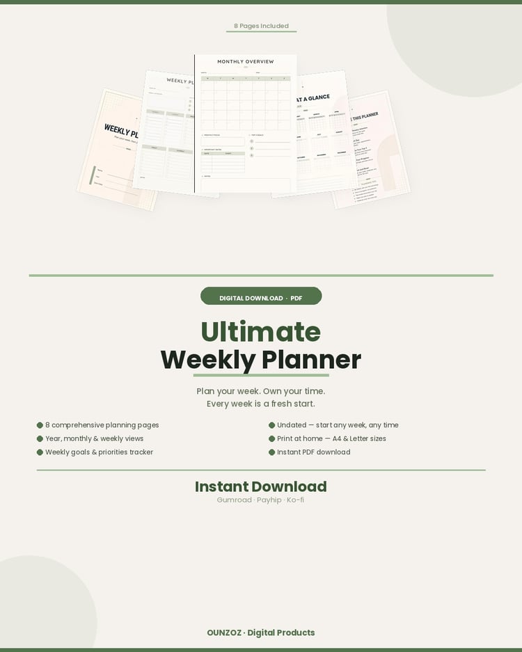 Ultimate Weekly Planner 8-page printable PDF showing weekly spread,  monthly overview and goals tracker pages — minimal design,  instant download, A4 and US Letter sizes