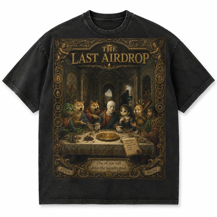 Last Airdrop crypto tee design — Renaissance Last Supper parody with meme pantheon
