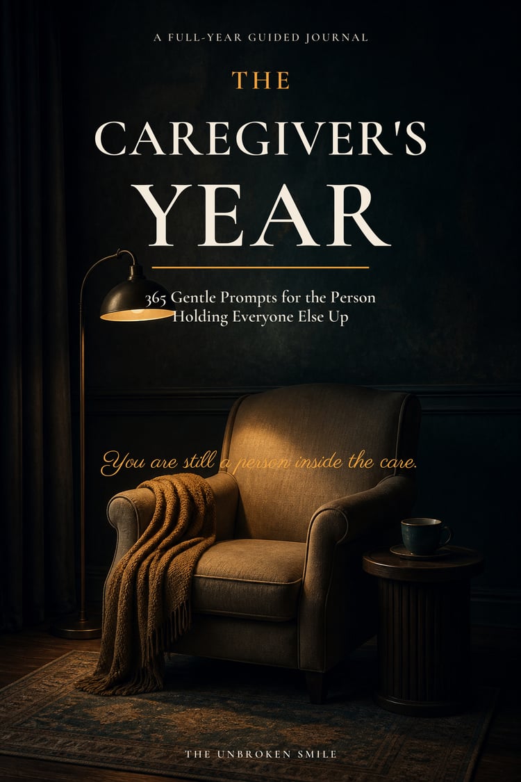 The Caregiver's Year cover with a warmly lit empty chair, floor lamp, blanket, and cup against a dark green background.