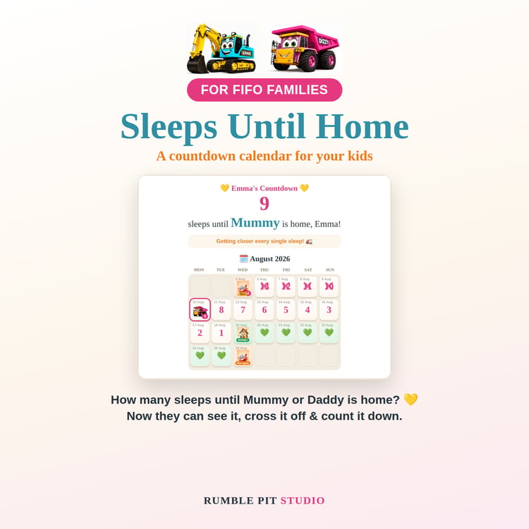 A fun interactive countdown calendar made for FIFO kids. Little ones pick Dizzy or Ernie and count the sleeps until Mummy or Daddy is home. Works on any phone, tablet or computer.
