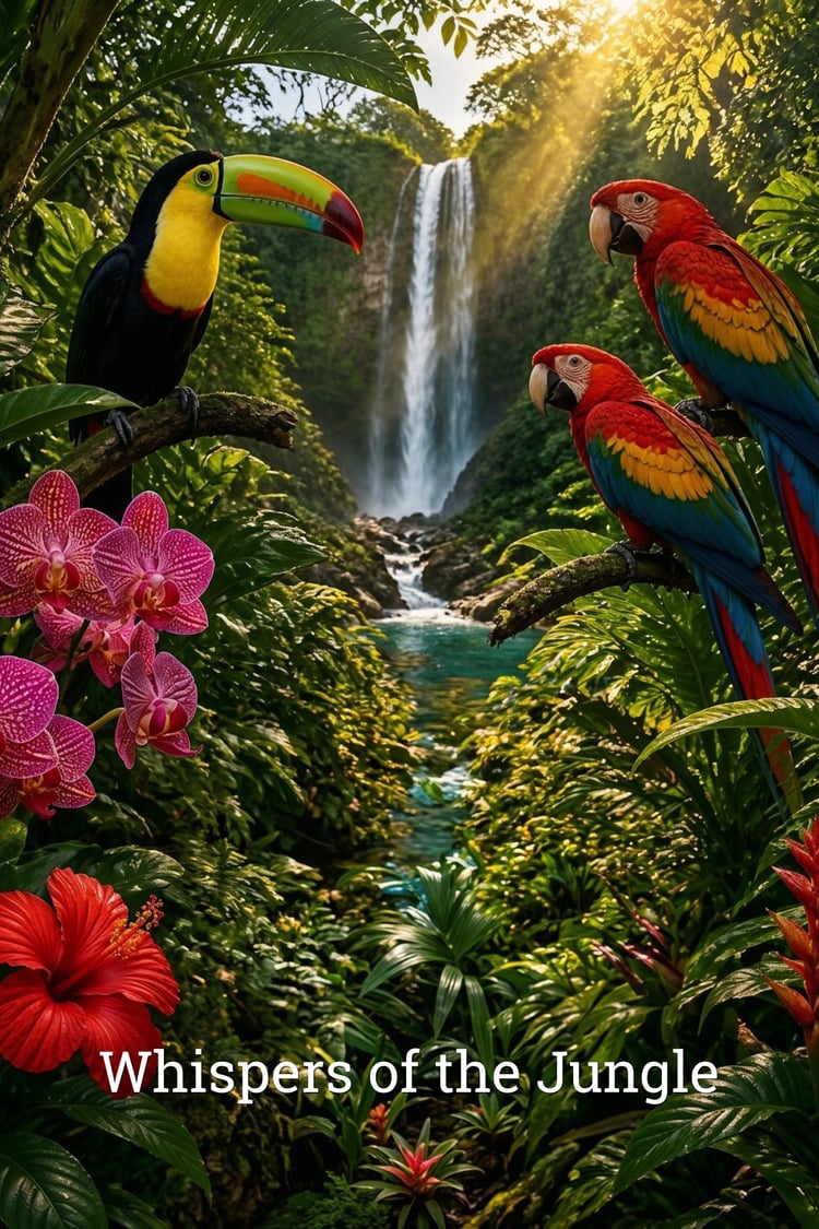 Whispers of the Jungle grayscale tropical rainforest coloring book cover with colorful toucan, scarlet macaws, orchids and waterfall