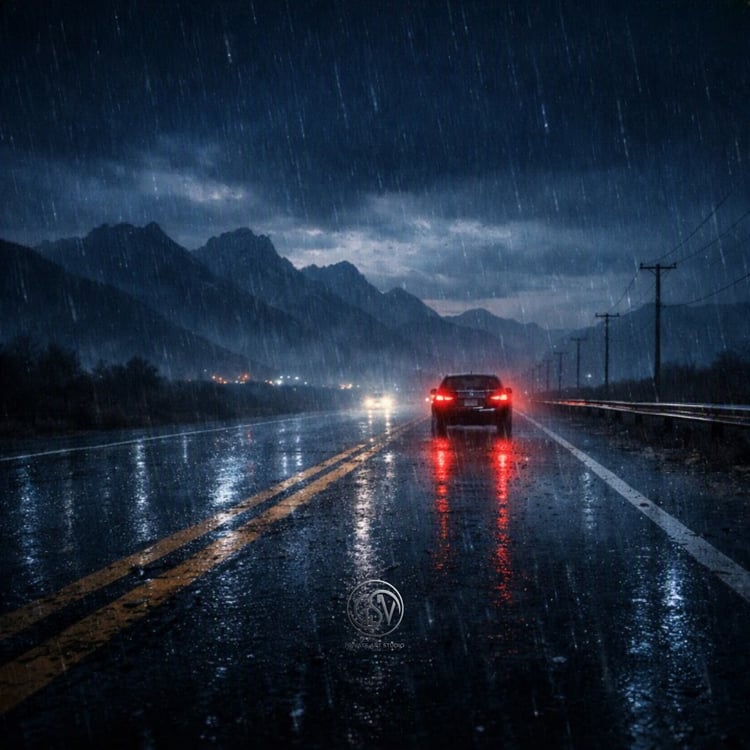 Moody rainy night road album cover with car driving through storm and misty mountains, dark atmospheric music cover art