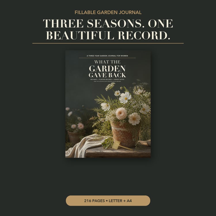 Cover of What the Garden Gave Back, a three-year fillable garden journal, shown against a dark green background.