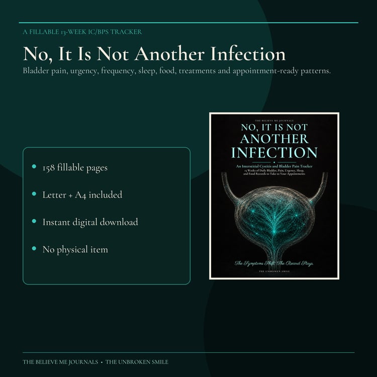 Dark teal product graphic showing the No, It Is Not Another Infection cover and noting that the download includes 158 fillable pages in Letter and A4 sizes.