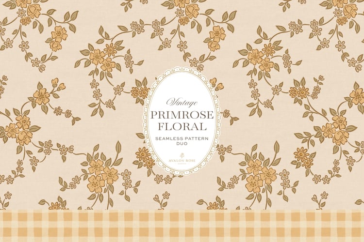 A seamless surface pattern duo featuring a hand-drawn ditsy floral with delicate blossoms and trailing vines in pale yellow and cream