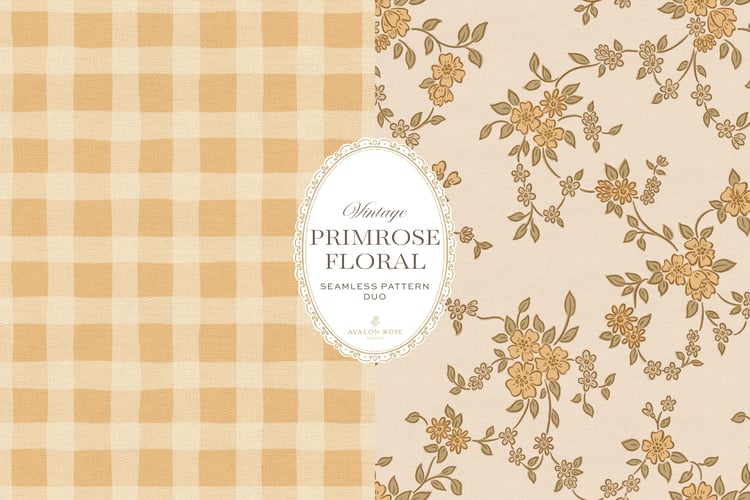 A seamless surface pattern duo featuring a hand-drawn ditsy floral with delicate blossoms and trailing vines in pale yellow and cream