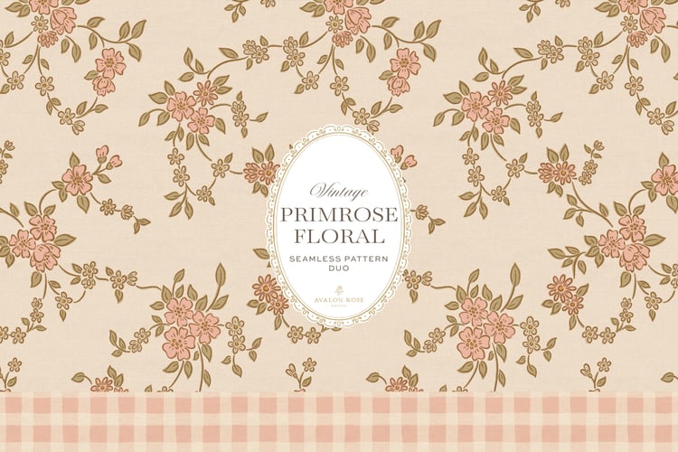 Seamless surface pattern design featuring a hand-drawn ditsy floral with delicate blossoms and trailing vines, paired with a coordinating gingham check in pink