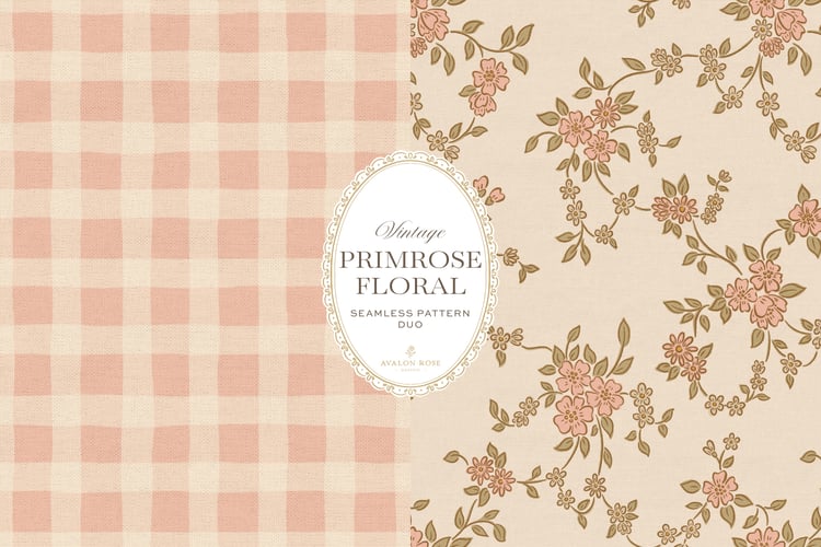 Seamless surface pattern design featuring a hand-drawn ditsy floral with delicate blossoms and trailing vines, paired with a coordinating gingham check in pink