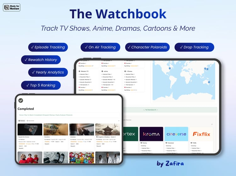 The Watchbook Notion template for tracking TV shows, anime, dramas, cartoons, episodes and watch history