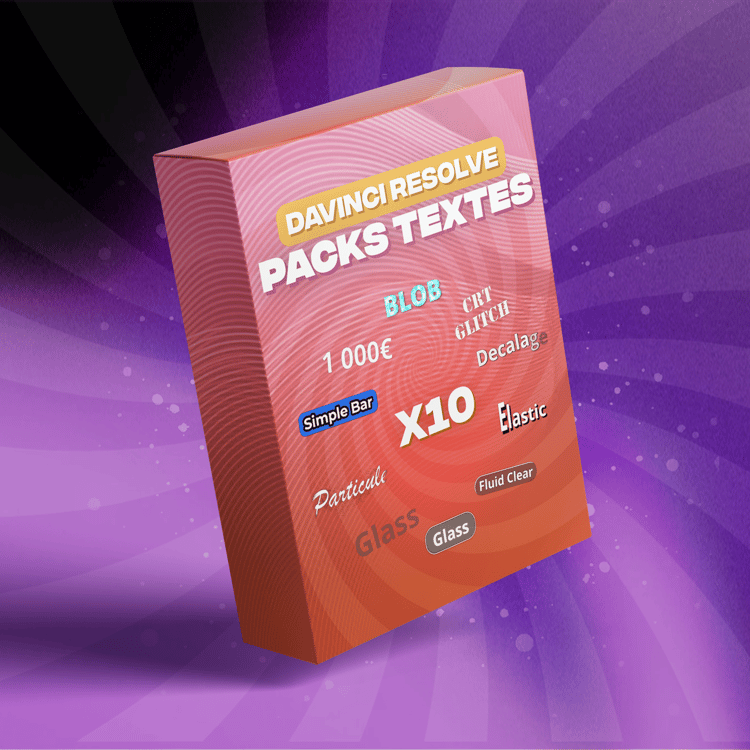 Illustration sur fond violet présentant une boîte du Pack de textes Genesis pour DaVinci Resolve : boîte 3D orange, 10 modèles de titres animés compatibles DaVinci Resolve