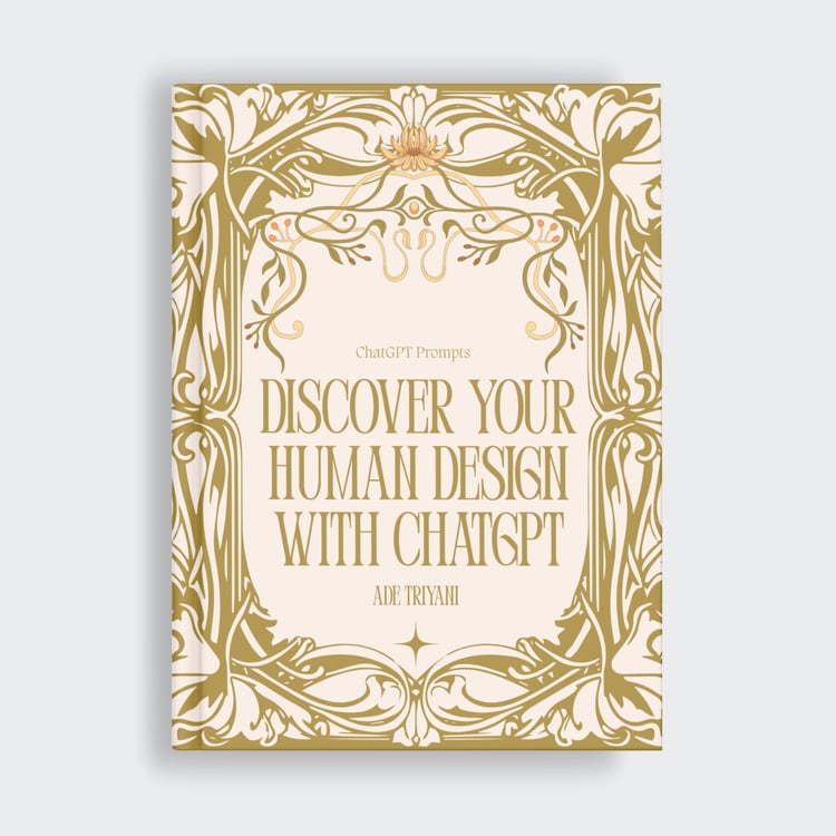 Cream and gold book cover mockup for 'Discover Your Human Design with ChatGPT' by Ade Triyani, with an ornate Art Nouveau floral frame.