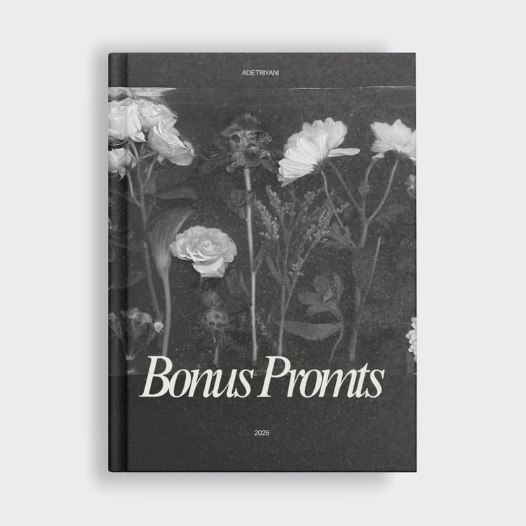 Dark moody hardcover book mockup titled 'Bonus Prompts' by Ade Triyani, 2025, featuring a black-and-white vintage floral photograph cover.