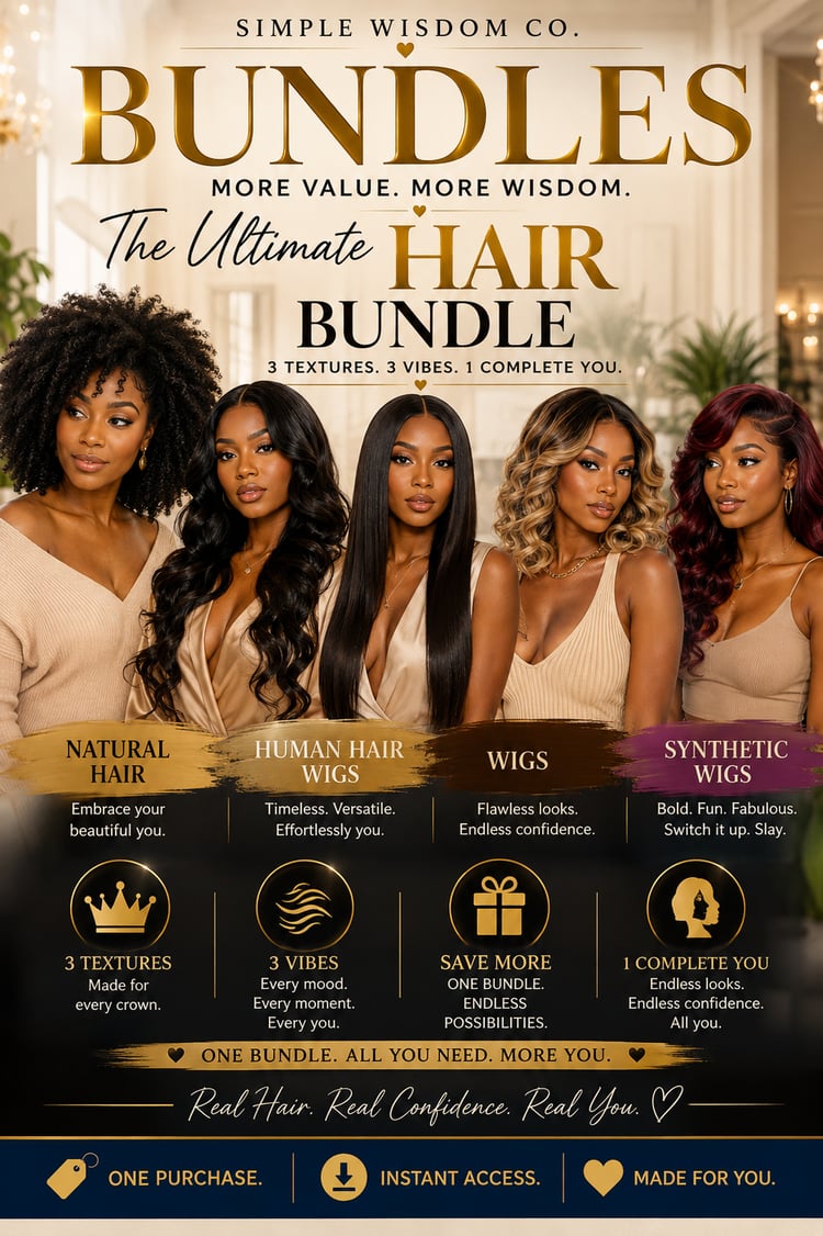 Natural hair, human hair wig, and synthetic wig digital care bundle featuring three practical hair-care guides from Simple Wisdom Co.