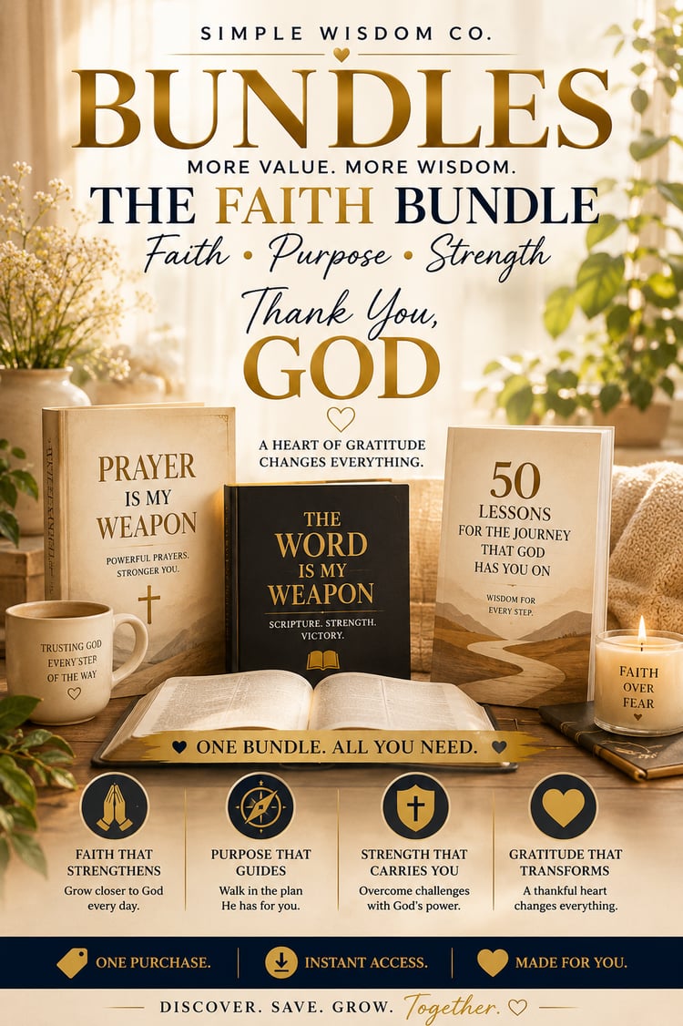 Faith and inspiration digital book bundle featuring Christian encouragement, prayer, gratitude, and personal growth guides from Simple Wisdom Co.