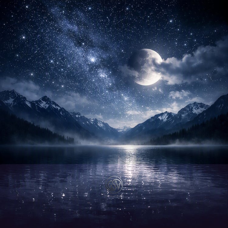 Starry night sky with crescent moon over a calm mountain lake — ambient music cover art