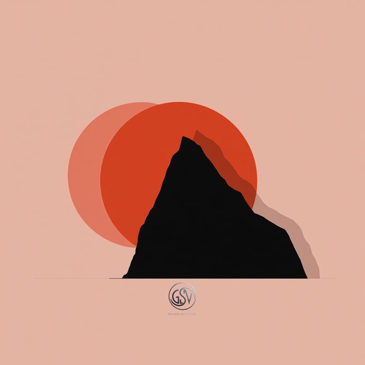 Minimalist dark mountain silhouette against overlapping warm-toned suns — modern music cover art