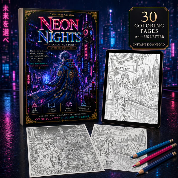 Neon Nights anime coloring book mockup featuring the book’s neon cyberpunk cover, a tablet and two printable black-and-white coloring pages with futuristic anime city scenes, colored pencils, and text highlighting 30 coloring pages in A4 and US Letter for