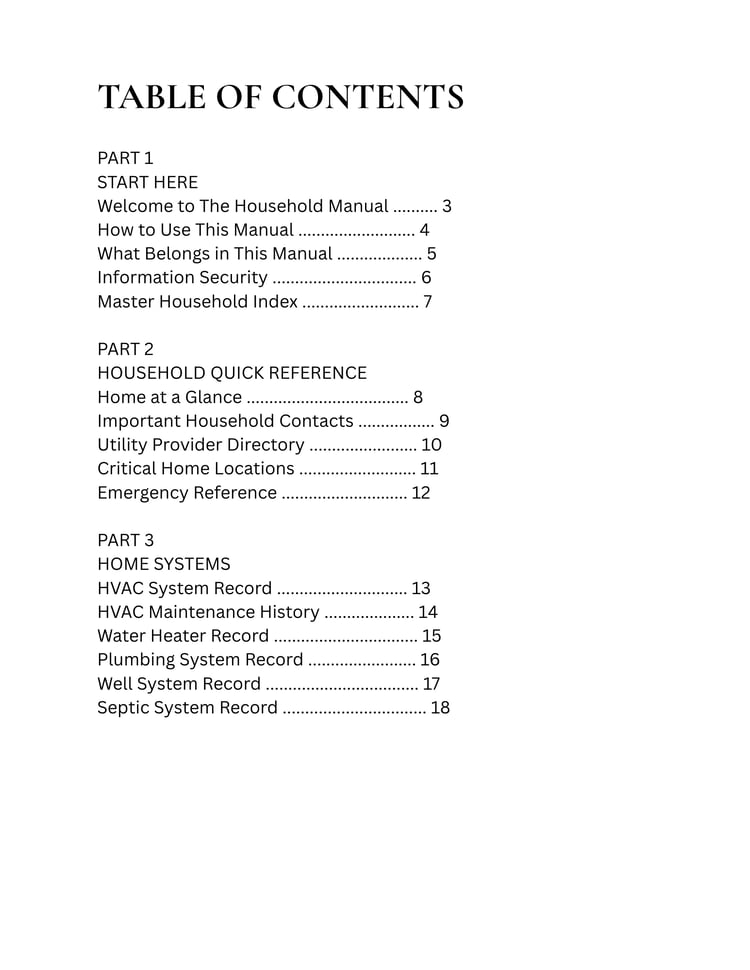 The Household Manual printable home management binder featuring organized pages for home systems, appliances, maintenance records, warranties, household information, and essential home records.