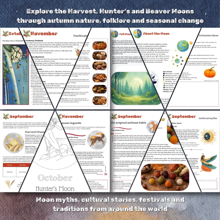 Printable Harvest Moon, Hunter’s Moon and Beaver Moon learning pages for children and families.