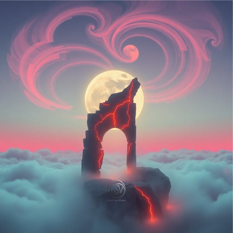 Fractured glowing stone archway above clouds beneath a giant moon and swirling pink aurora sky — surreal fantasy album cover art