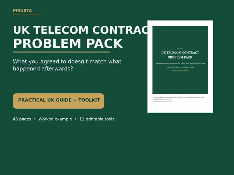 UK Telecom Contract Problem Pack practical guide and printable toolkit by PIRUSTA Publishing