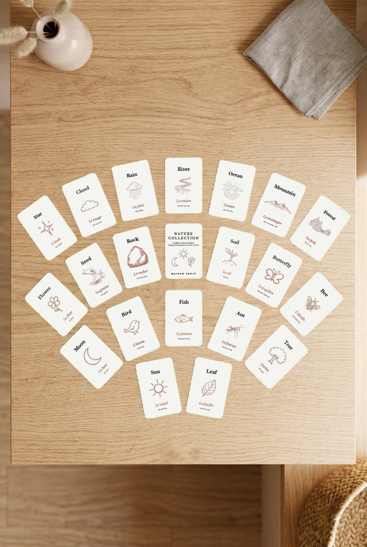 Bilingual Montessori nature flashcards in English and French - 20 printable concepts for toddlers.