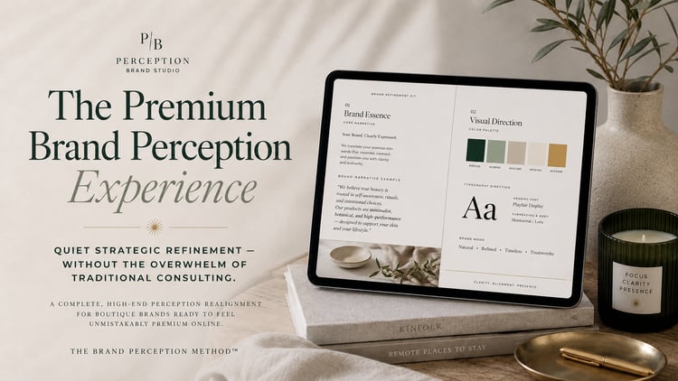 Minimalist mock-up of an iPad displaying the 'Your Brand Perception Experience' refinement kit, placed on a beige linen table next to Kinfolk books, a green candle, and a brass tray. On the left, elegant serif typography reads 'The Premium Brand Perceptio