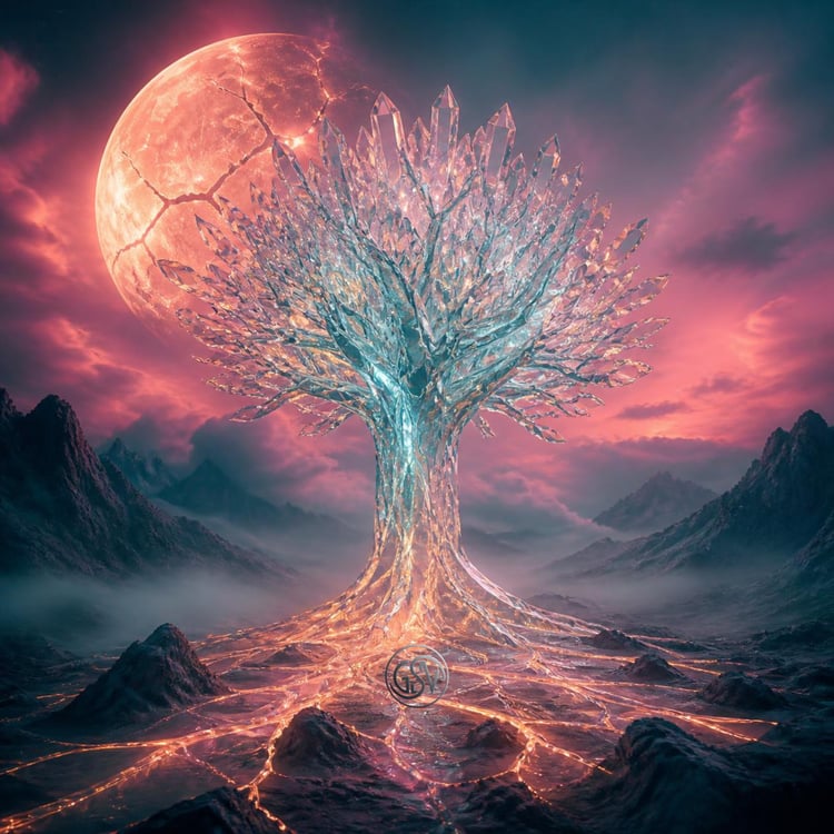 Glowing crystalline tree with icy branches standing before a massive fractured moon in a misty mountain valley — surreal fantasy album cover art
