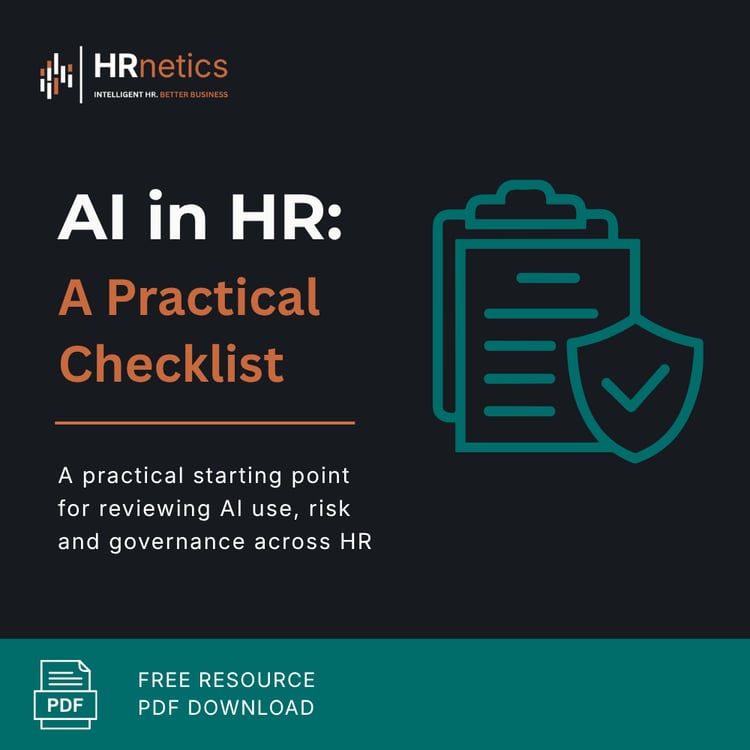 HRnetics AI in HR practical checklist cover, free PDF resource for reviewing AI use, risk and governance in HR.