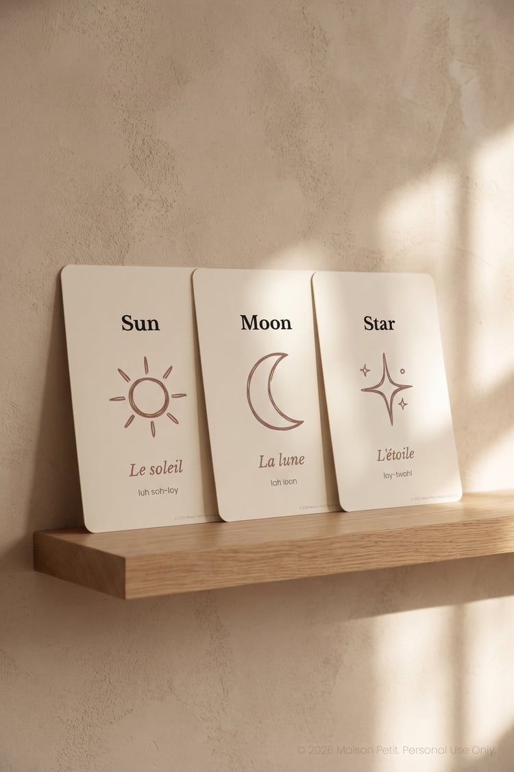 Bilingual Montessori nature flashcards in English and French - 20 printable concepts for toddlers.