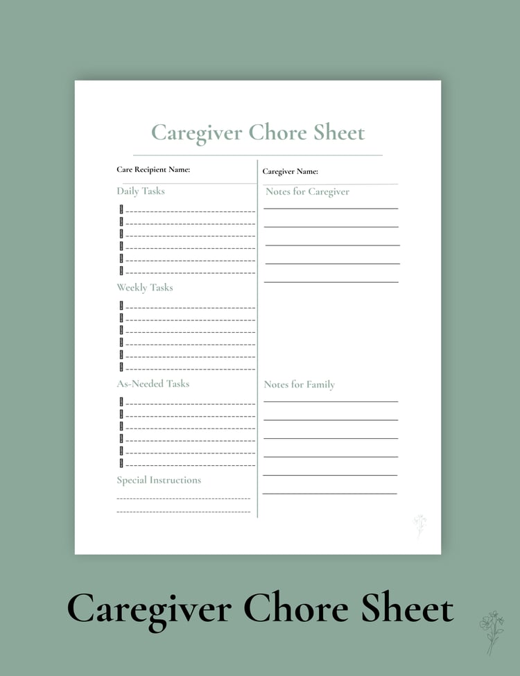Caregiver Chore Sheet printable with daily, weekly, and as‑needed task sections displayed on a styled hero image.