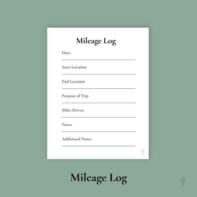 Clean, minimal Mileage Log printable with labeled sections and writing lines for caregivers.
