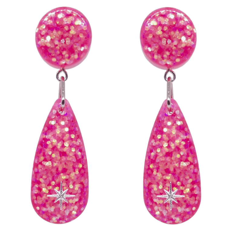 Retro Pinup Glitter Teardrop Pink Earrings