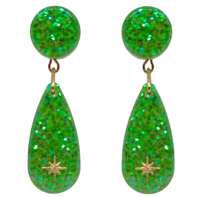 1950's Retro Vintage Green Glitter Teardrop Earrings Atomic Cat Pinup Style