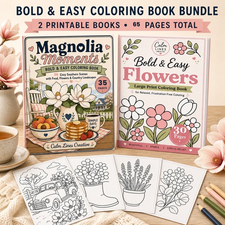 Bold & Easy Coloring Bundle with Magnolia Moments and Flowers coloring books, 2 printable large print coloring books, 40 pages total