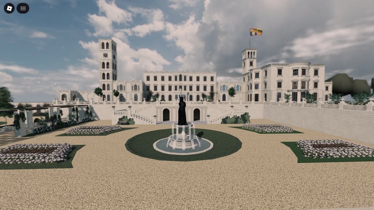 Roblox mansion statues and landscaped grounds