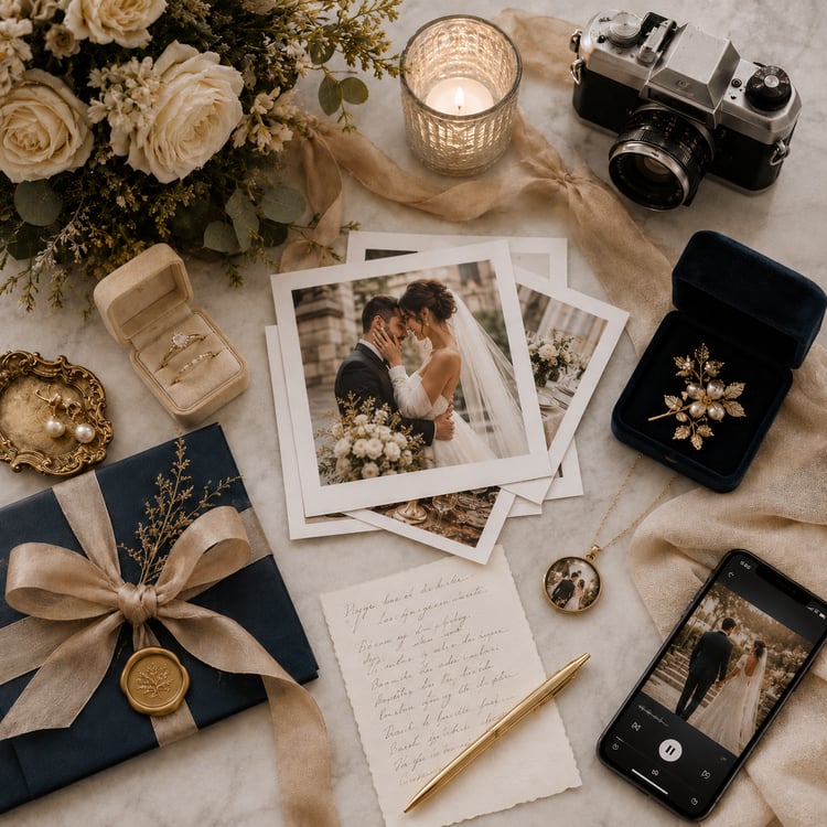 Elegant wedding keepsake collection featuring printed couple photographs, a vintage camera, handwritten love letter, wedding video on a phone, jewelry boxes, ivory flowers and a navy memory box, representing Worth the Veil™ wedding memory prompts and printable keepsake resources.